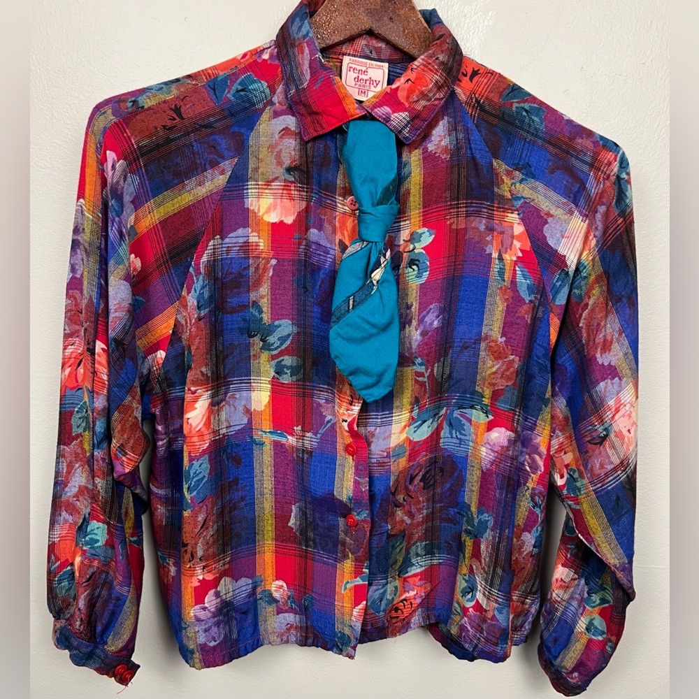 Vintage René Derhy Paris Two-Piece Set · Vibrant Floral Plaid Top & Harem Pants - Picture 10 of 16